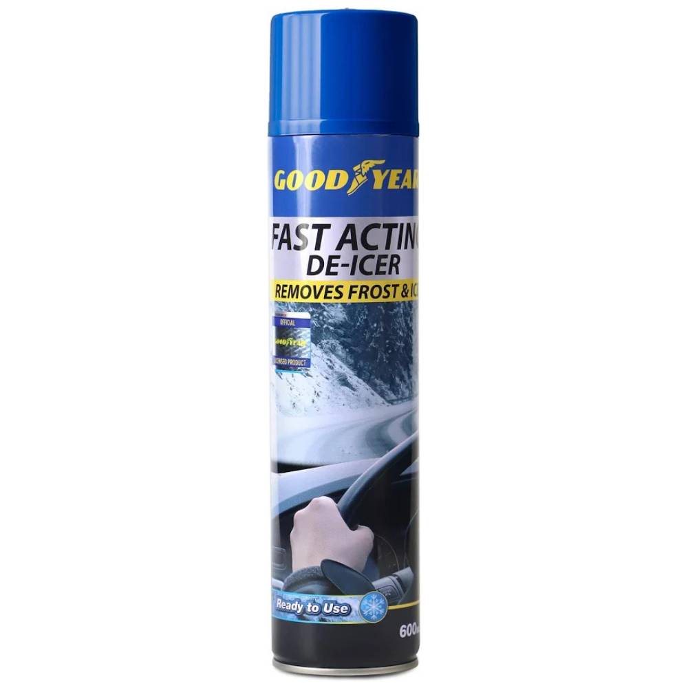 Goodyear Fast Acting De Icer 600ml spray bottle with blue liquid and winter themed label