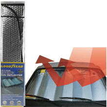 Goodyear Universal Folding Foil Sun Shade with reflective silver surface and blue branded packaging.