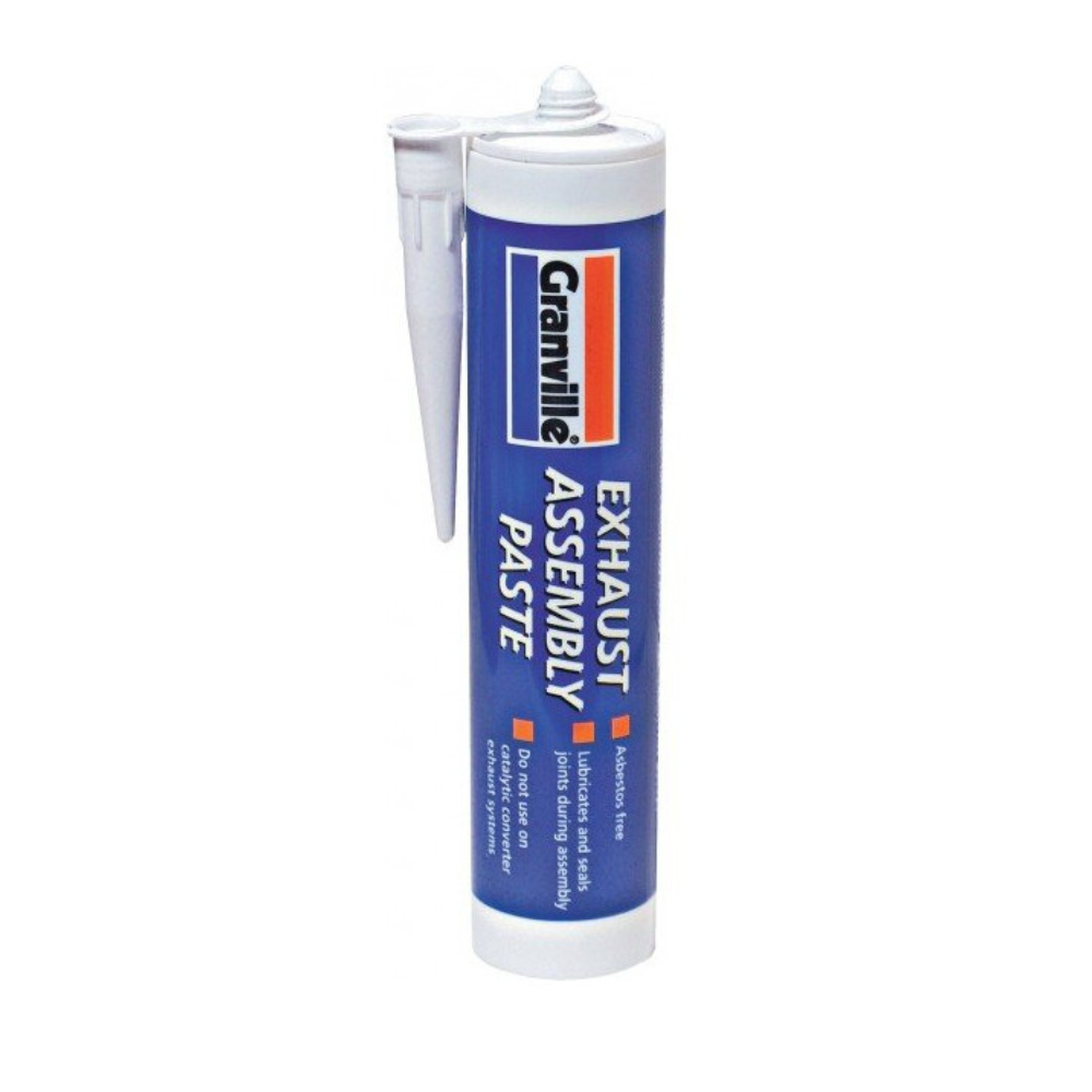 A blue and white cartridge of Granville Exhaust Assembly Paste with a white applicator nozzle attached to its side.