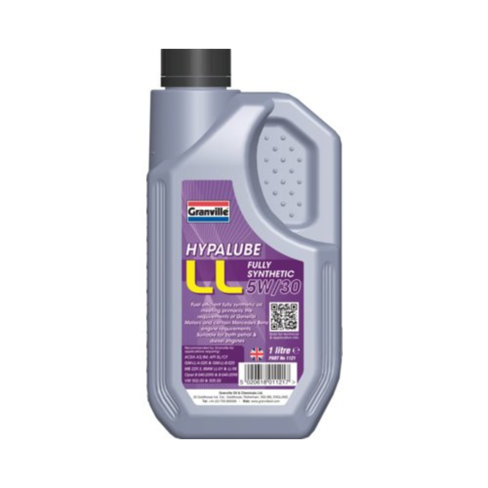 Granville Hypalube LL 5W30 1L bottle with yellow and purple long life engine oil branding.