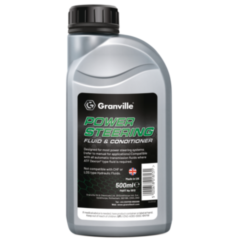 Bottle of Granville power steering fluid on a white background