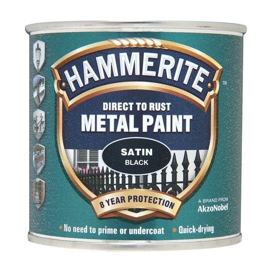 Hammerite Direct to Rust Metal Paint - Satin Black Finish 750ml