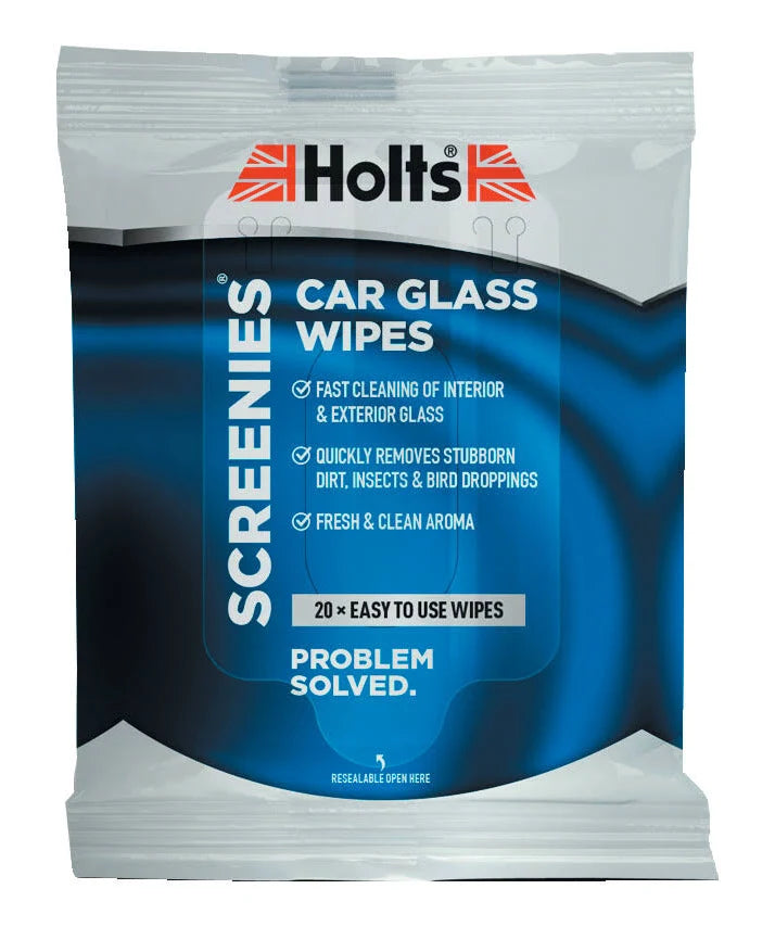 Pack of Holts car glass wipes with branding and product details on a white background