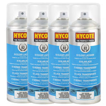 “Four cans of Hycote XUK0232 Clear Lacquer 400ml aerosol spray paint”