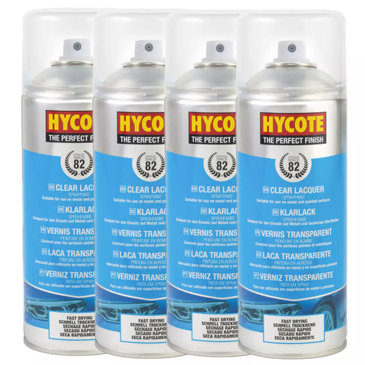 Hycote XUK0232 High Gloss Clear Acrylic based Lacquer Waterproof Coat Spray Paint 400ml X4 - Can be used on variety of surfaces Metal, Metallic, Wood, Glass, Ceramics