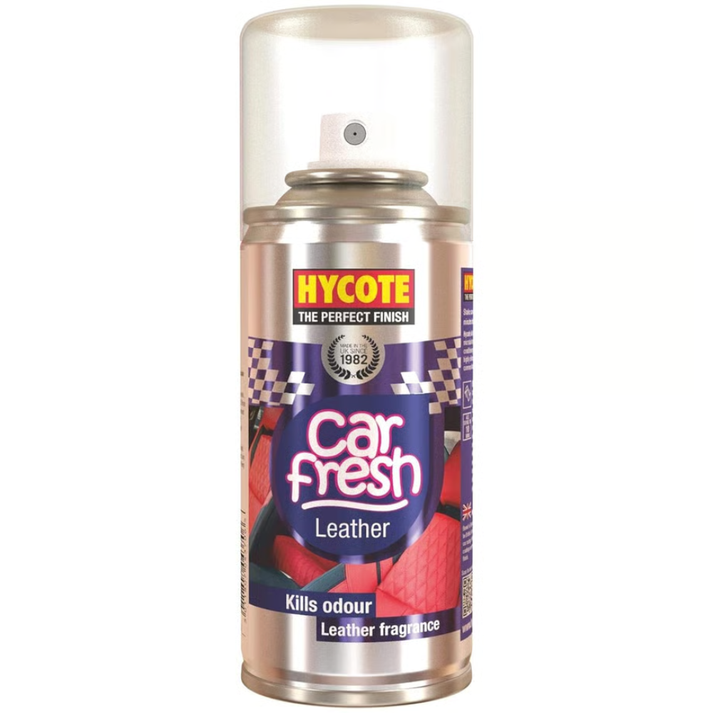 Hycote Car Fresh Spray Leather 150ml aerosol can with brown themed leather fragrance branding.