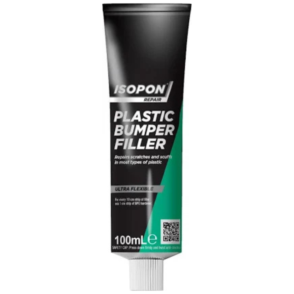 Tube of Isopon Plastic Bumper Filler on a white background