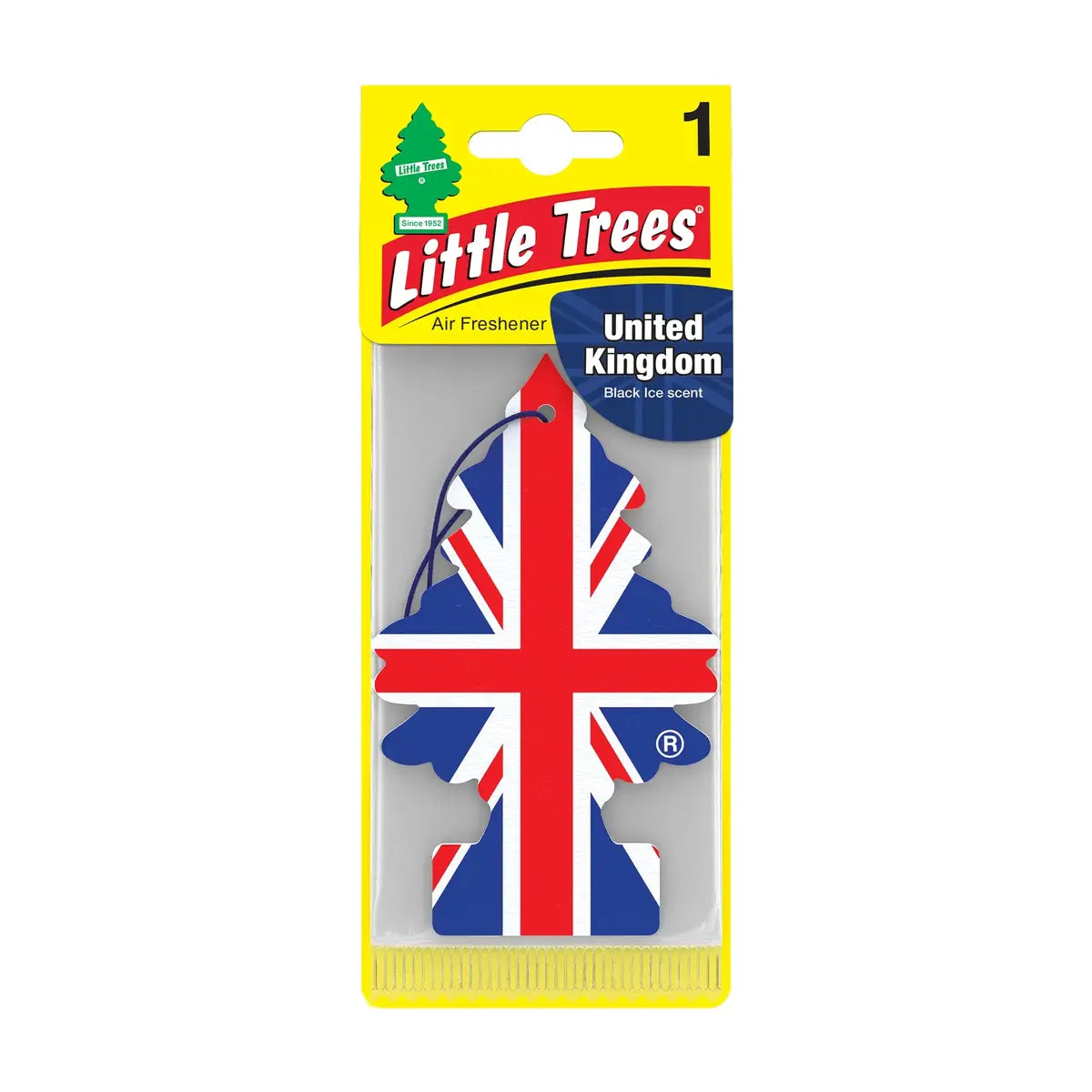 Little Trees air freshener with Union Jack design on a white background