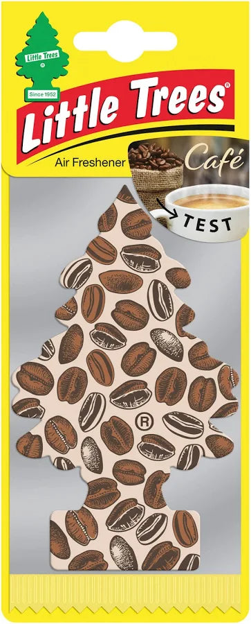Little Trees Cafe air freshener with coffee bean design on a yellow background