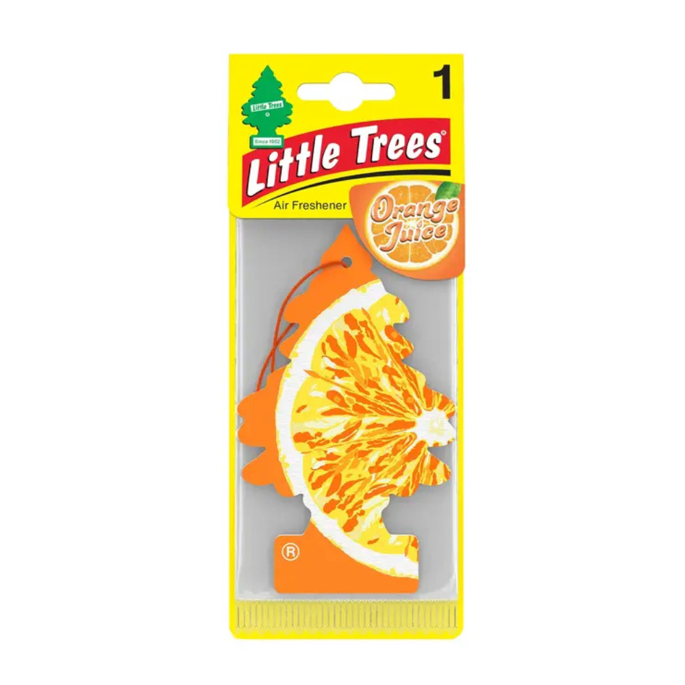 Little Trees Orange Juice air freshener packaging on a white background