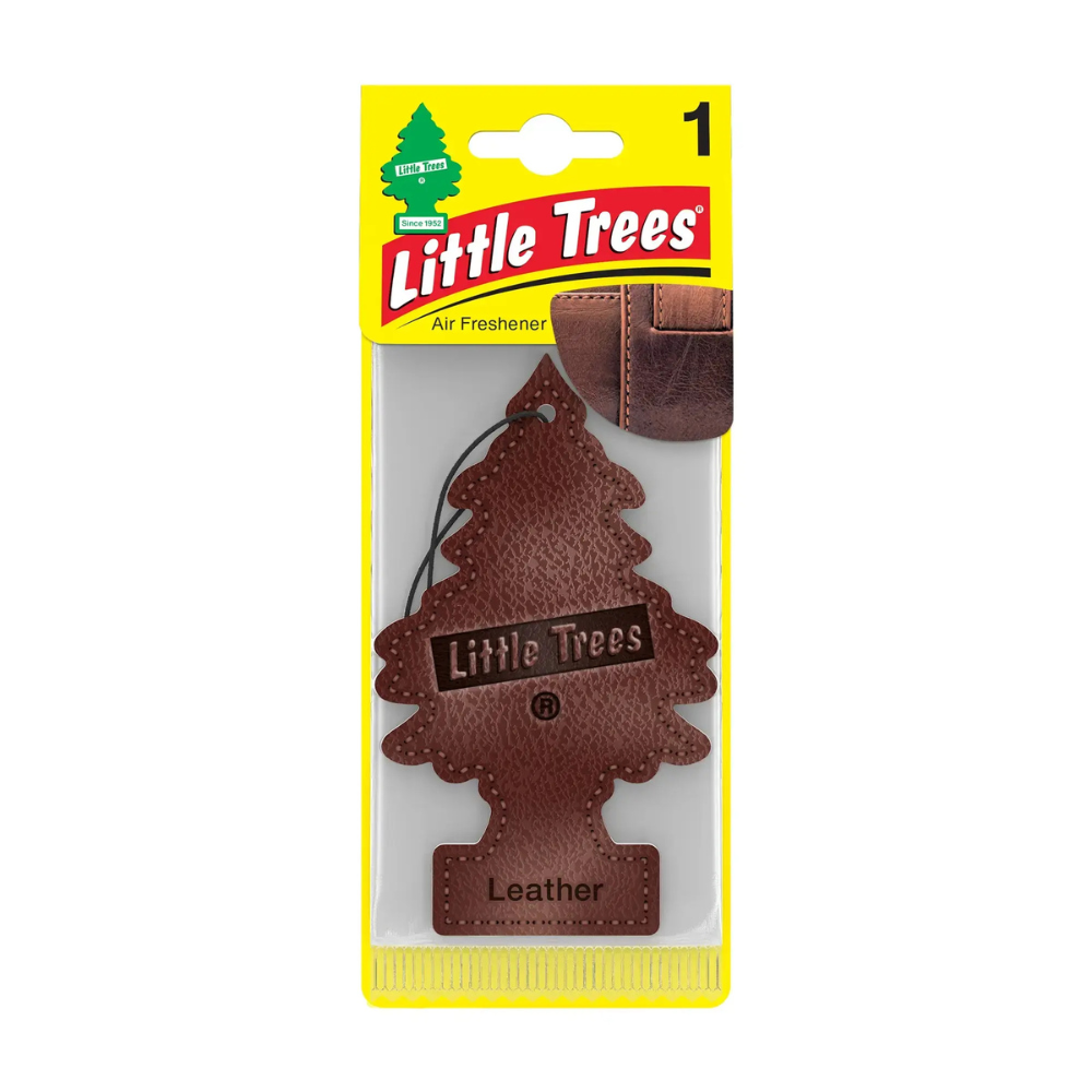 Little Trees Leather air freshener in brown themed packaging with leather texture imagery.