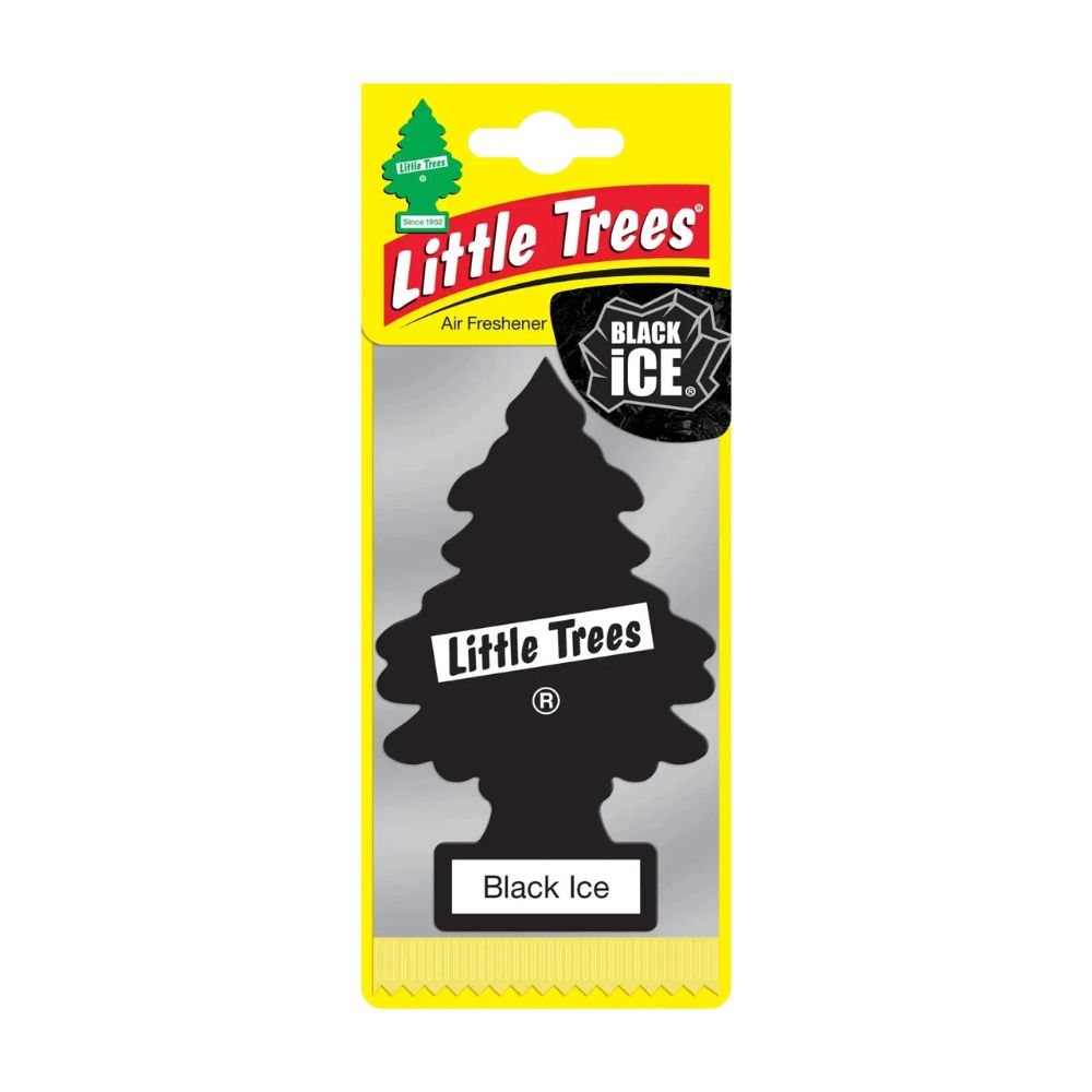 Little Trees Black Ice air freshener in yellow retail packaging.