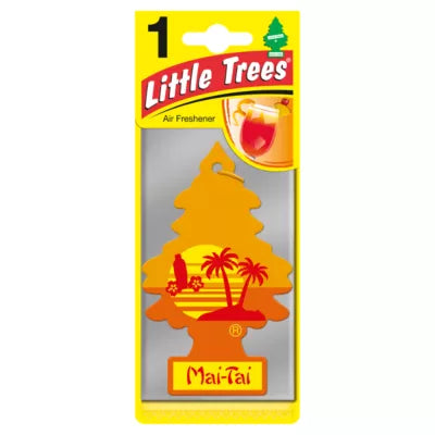 Little Trees Mai-Tai hanging car air freshener containing orange and red branding with a warm summer graphic.