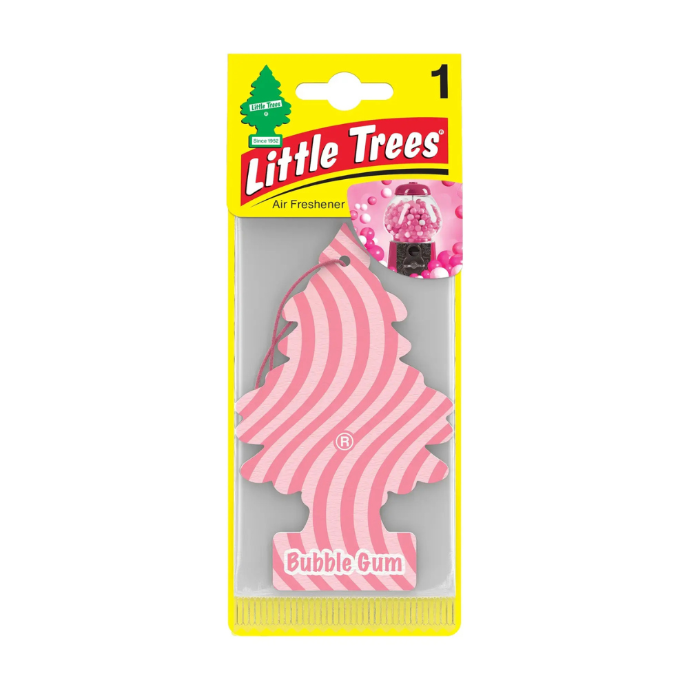 Little Trees Bubble Gum air freshener in pink packaging with bubble gum themed design.