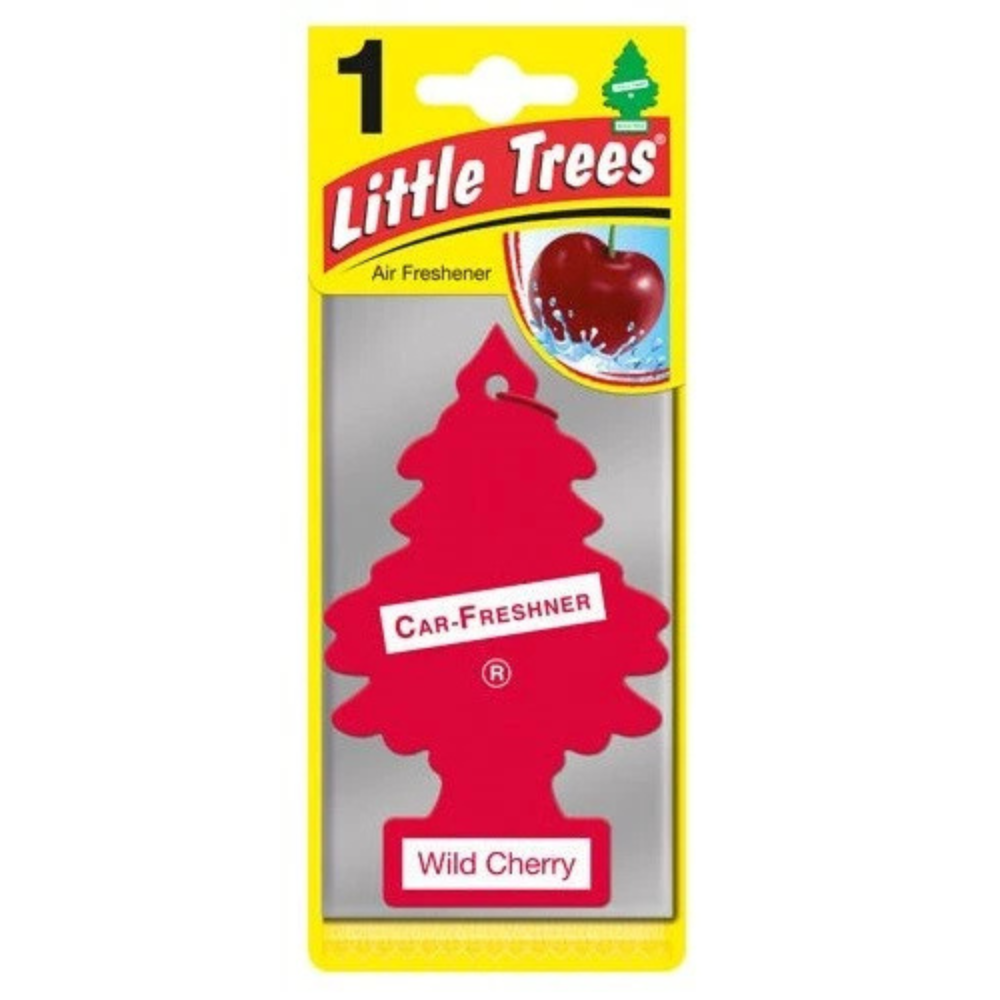 Red 'Little Trees' air freshener with yellow packaging on a white background