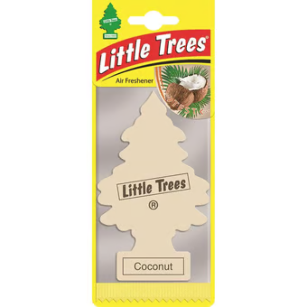 Little Trees Coconut air freshener in brown and tropical themed packaging with coconut imagery.