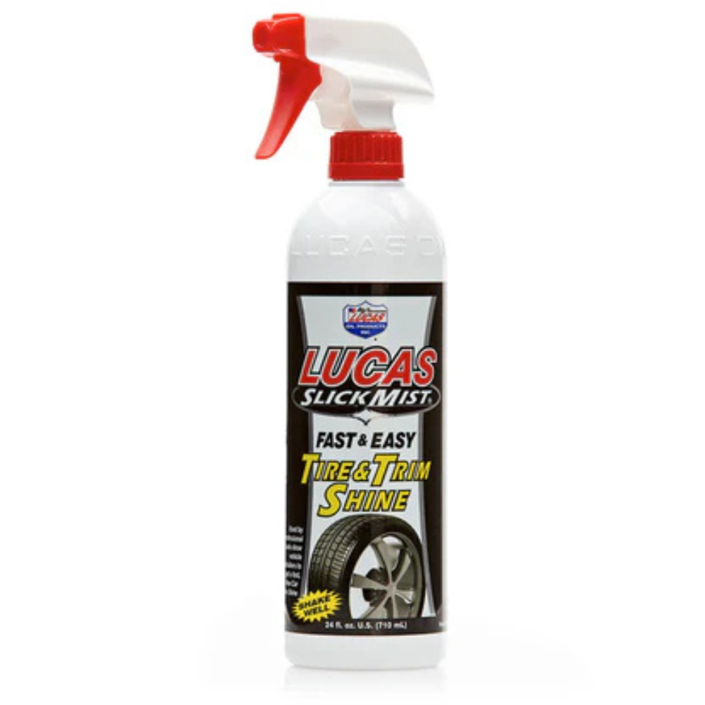 Lucas Slick Mist tire and trim shine spray bottle on a white background