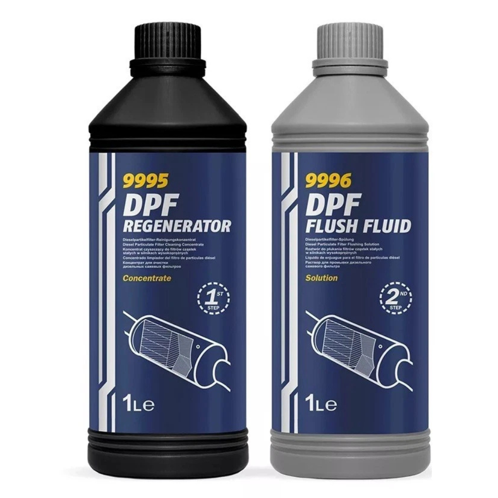 MANNOL DPF Regenerator and Flush Fluid Kit with two 1 litre bottles in blue and yellow branded packaging.