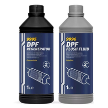 MANNOL DPF Regenerator and Flush Fluid Kit with two 1 litre bottles in blue and yellow branded packaging.