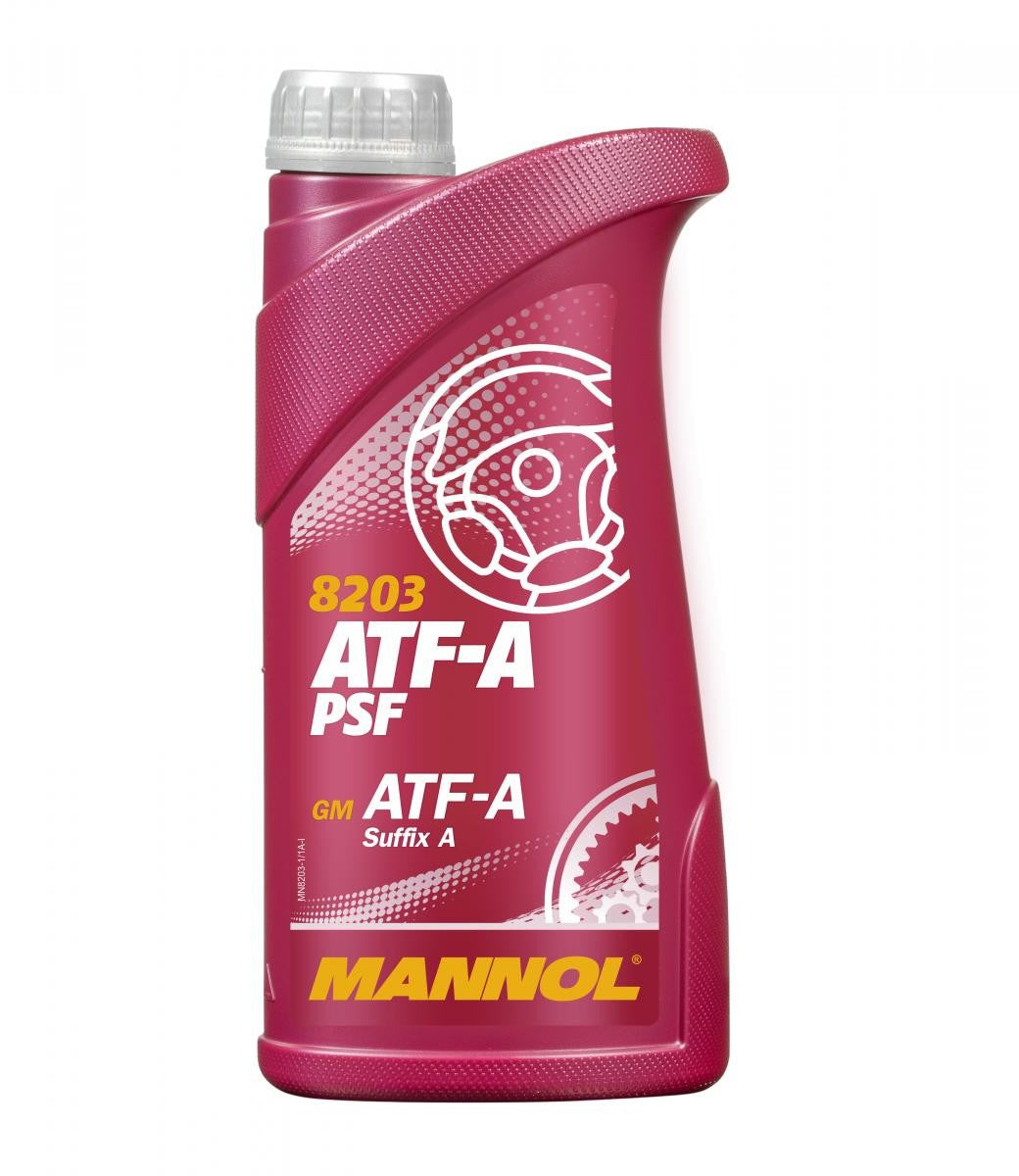Mannol ATF A Power Steering Fluid 1L bottle with blue and yellow branding designed for steering and transmission systems.
