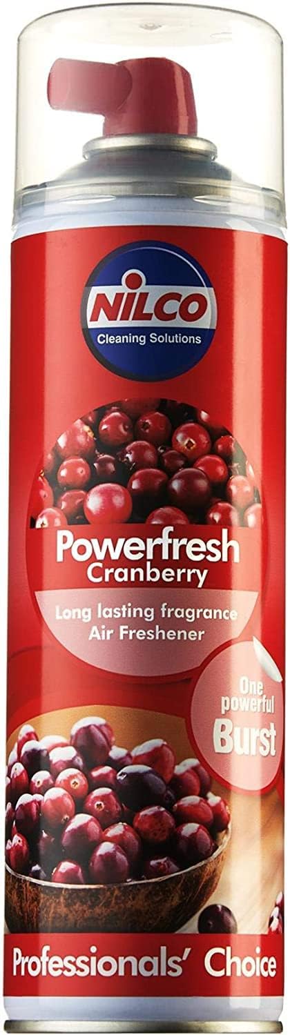 Nilco Powerfresh Cranberry air freshener can with cranberries on a red background