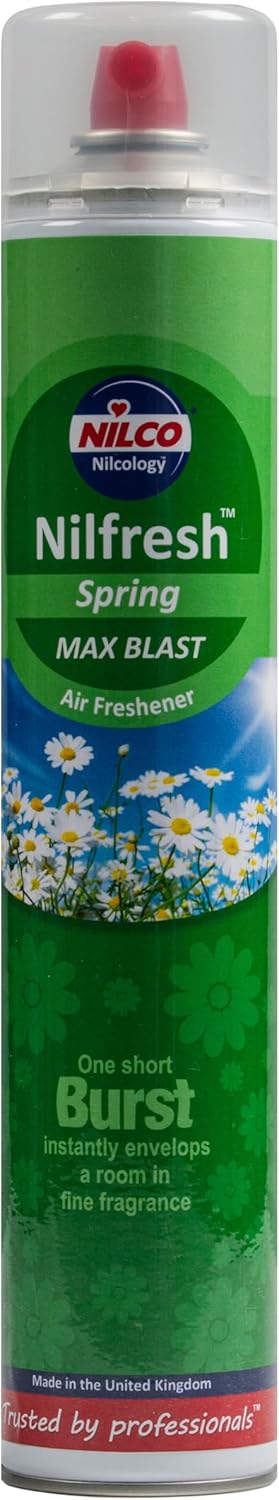 Nilfresh air freshener can with green label and red cap on white background