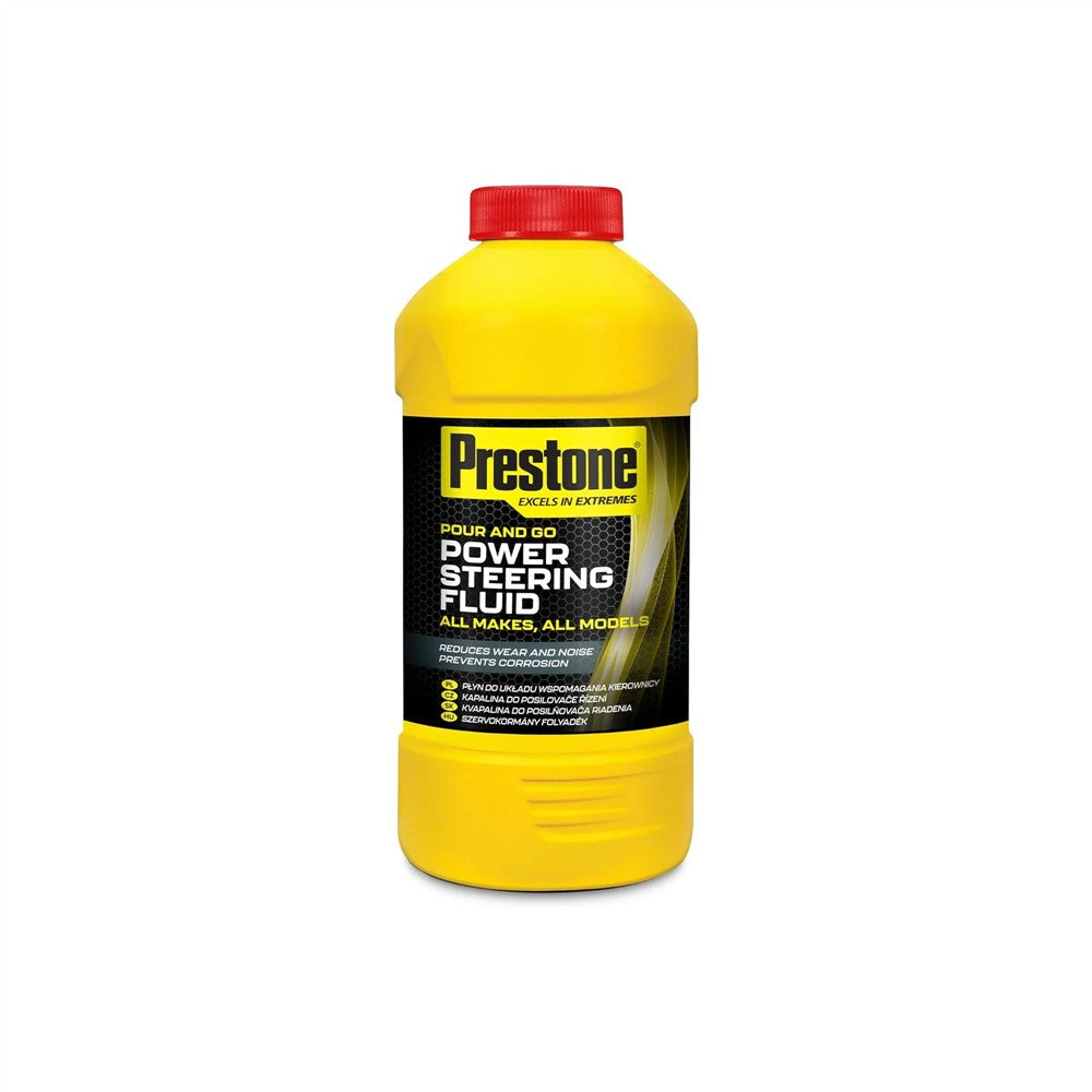 Yellow bottle of Prestone power steering fluid on a white background