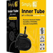 Bicycle inner tube packaging with 'Simply' branding on a yellow and black background