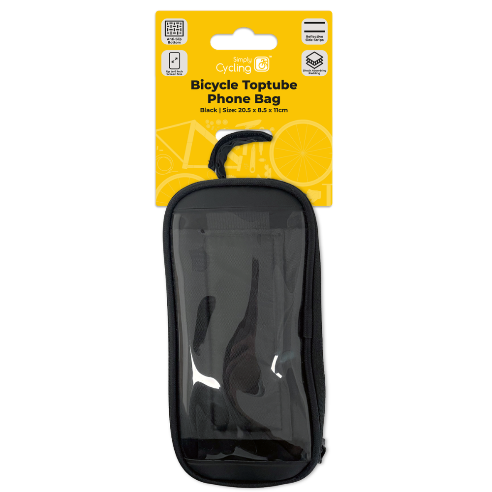 Black bicycle toptube phone bag with yellow packaging on a white background