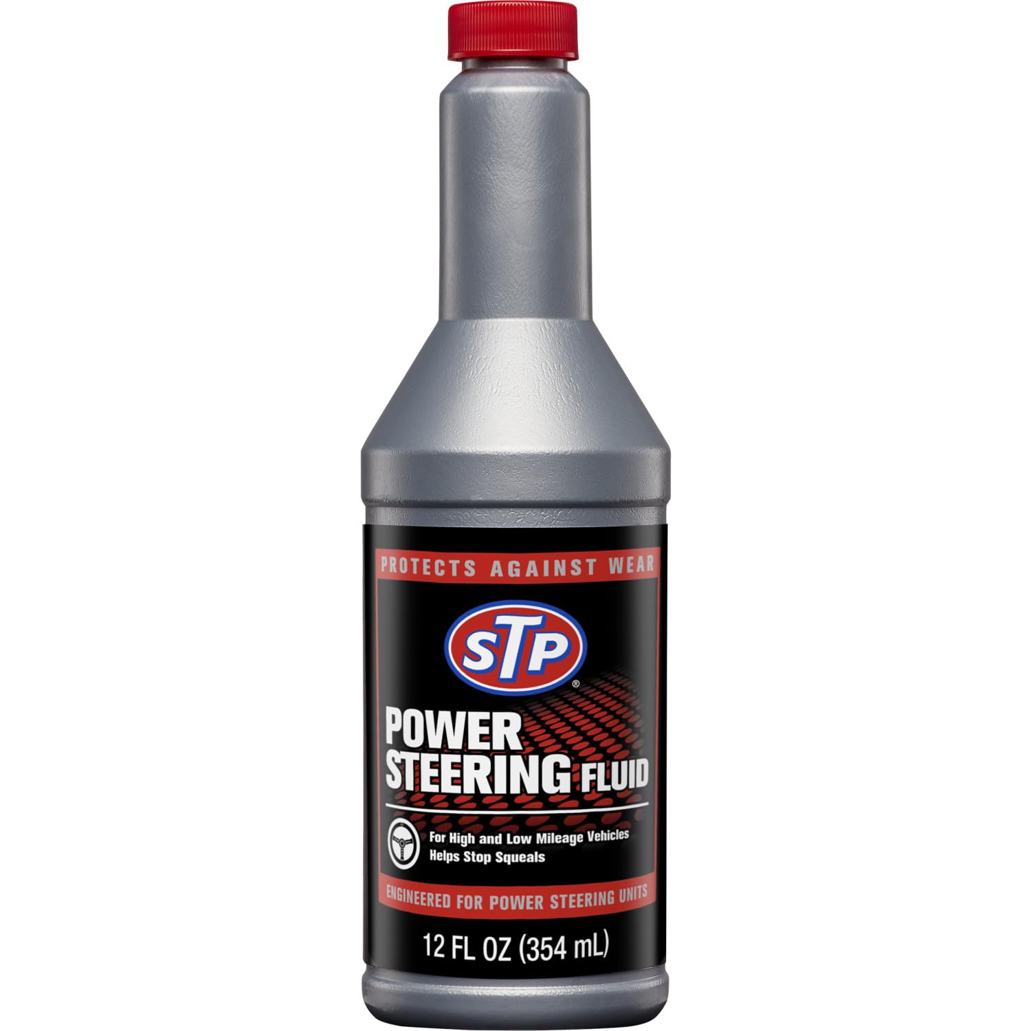 STP Power Steering Fluid 354ml bottle with red and blue branding designed for maintaining smooth steering performance.