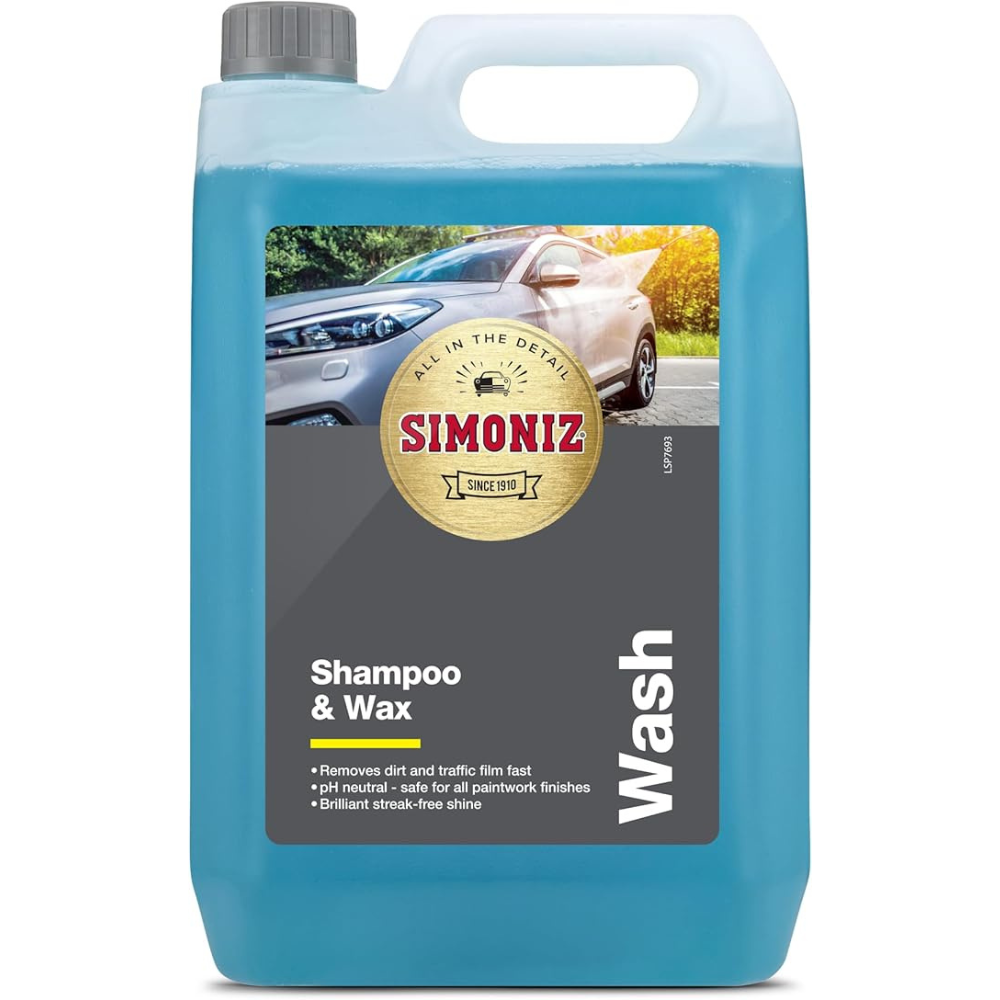 Blue container of Simoniz Shampoo & Wax with car image on label