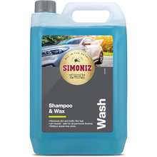 Blue container of Simoniz Shampoo & Wax with car image on label