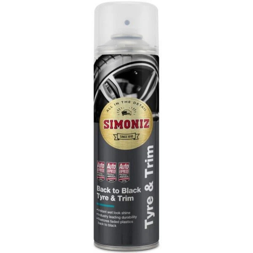 Simoniz Back to Black Tyre and Trim 500ml aerosol can with black and yellow branding and tyre shine graphics.