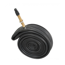 Coiled bicycle inner tube with valve on a white background