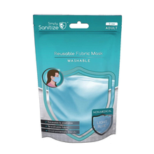 Packaging of Simply Sanitize reusable fabric mask with blue and white design.