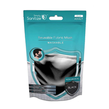Packaging of reusable fabric mask with teal and gray design on a white background
