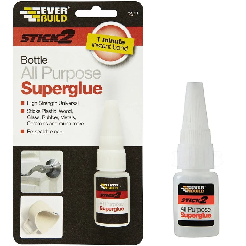 Stick 2 All Purpose Superglue Bottle 5g with precision tip and red and white branding.