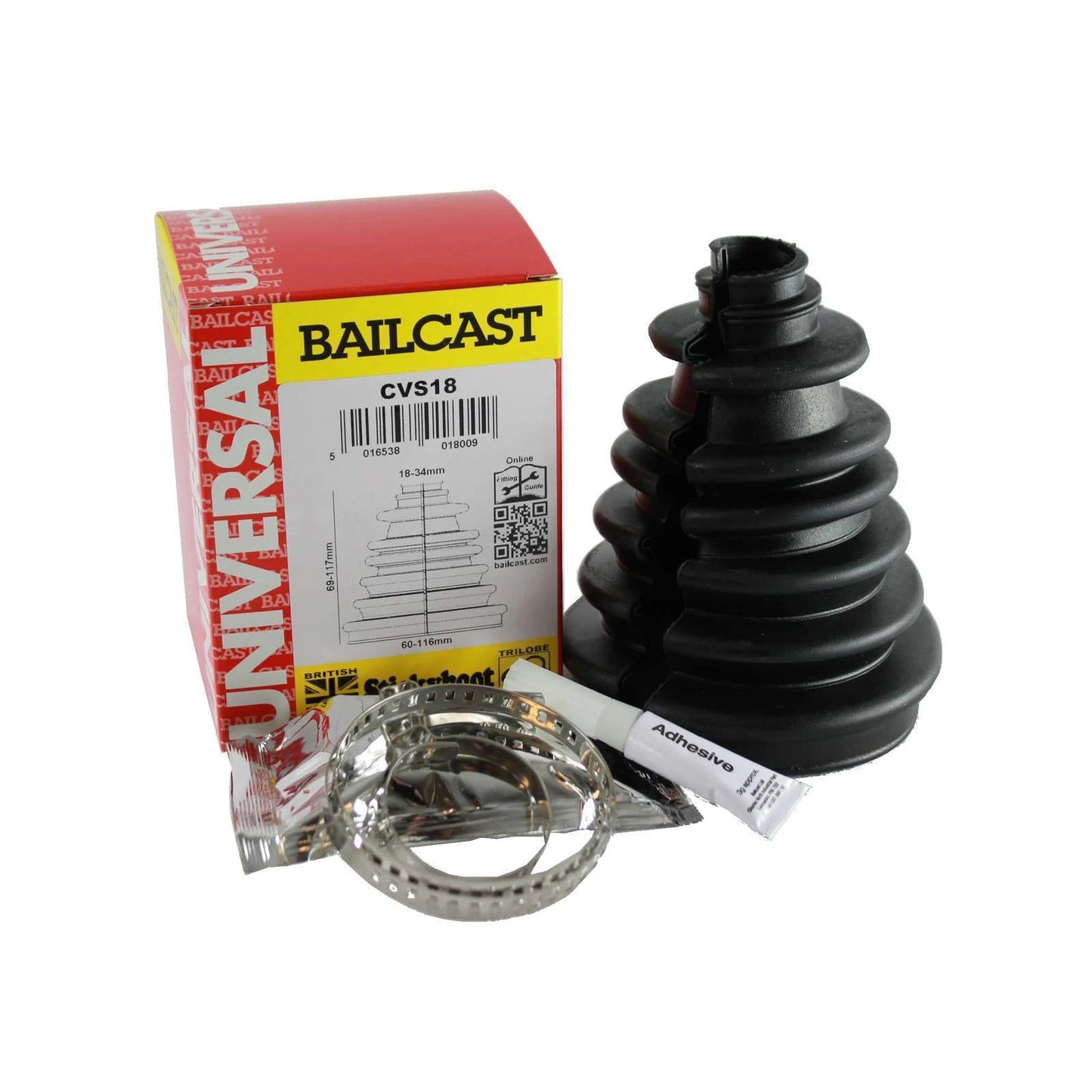 Black rubber boot, metal ring, and Bailcast CV518 box on a white background