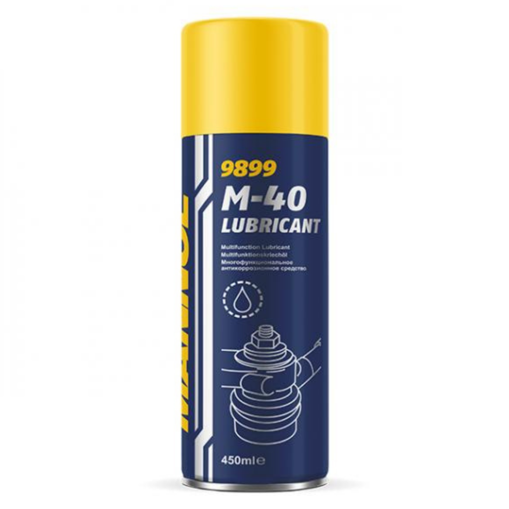 9899 M-40 Lubricant can with yellow and blue design on a white background