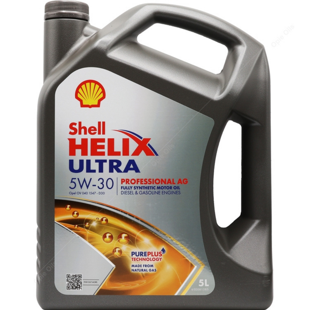 Shell Helix Ultra 5W-30 motor oil container on a white background