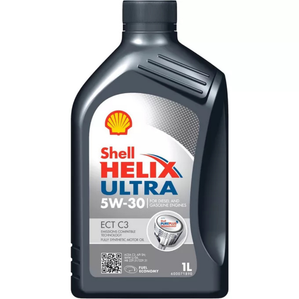 Shell Helix Ultra 5W-30 oil bottle on a white background