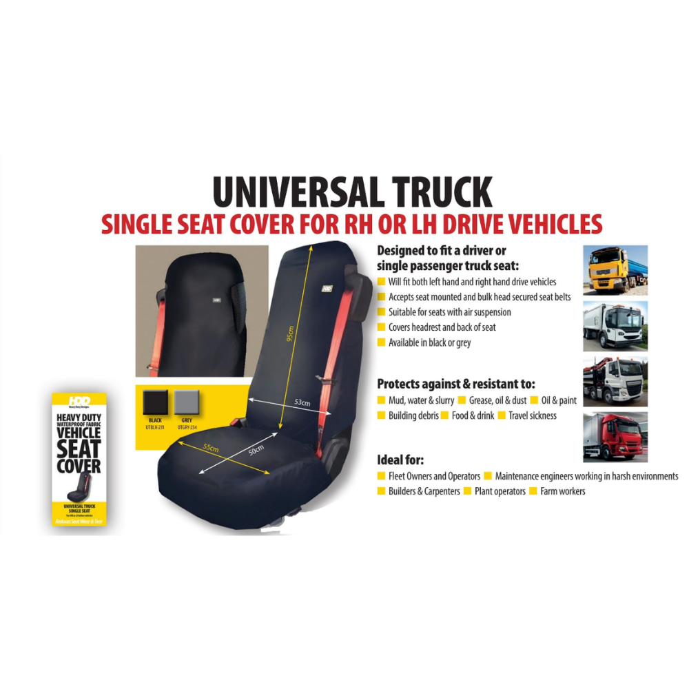 Universal truck single seat cover for RH or LH drive vehicles with product packaging and features listed.