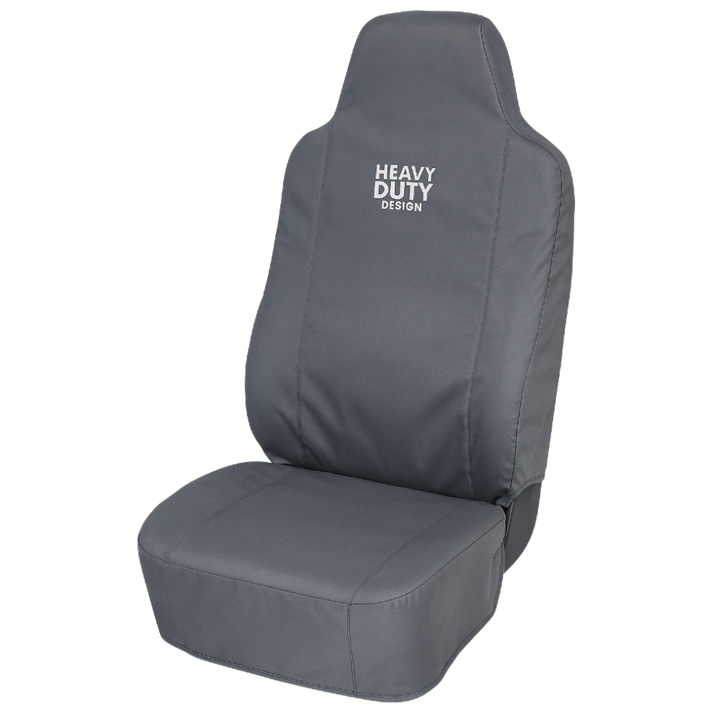 Gray car seat cover with 'Heavy Duty Design' text on a white background