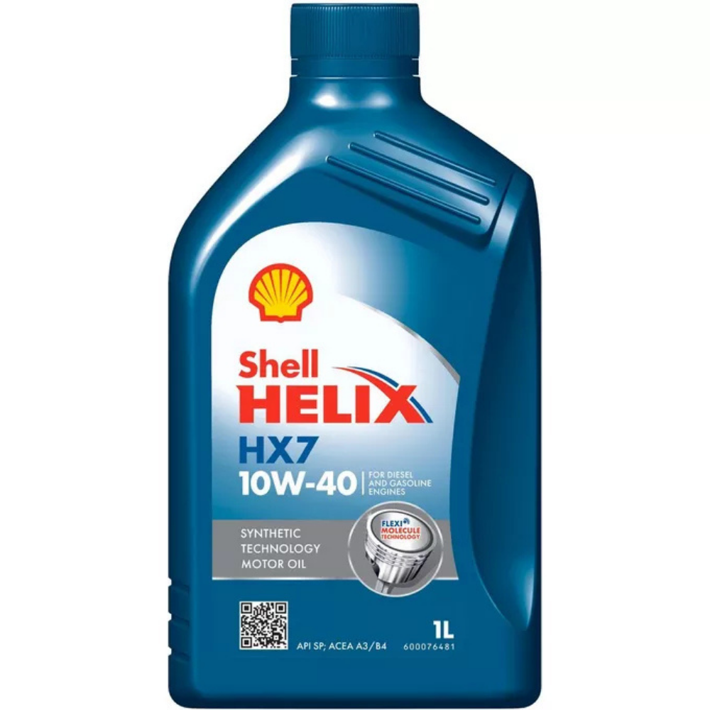 Shell Helix HX7 10W-40 motor oil bottle on a white background