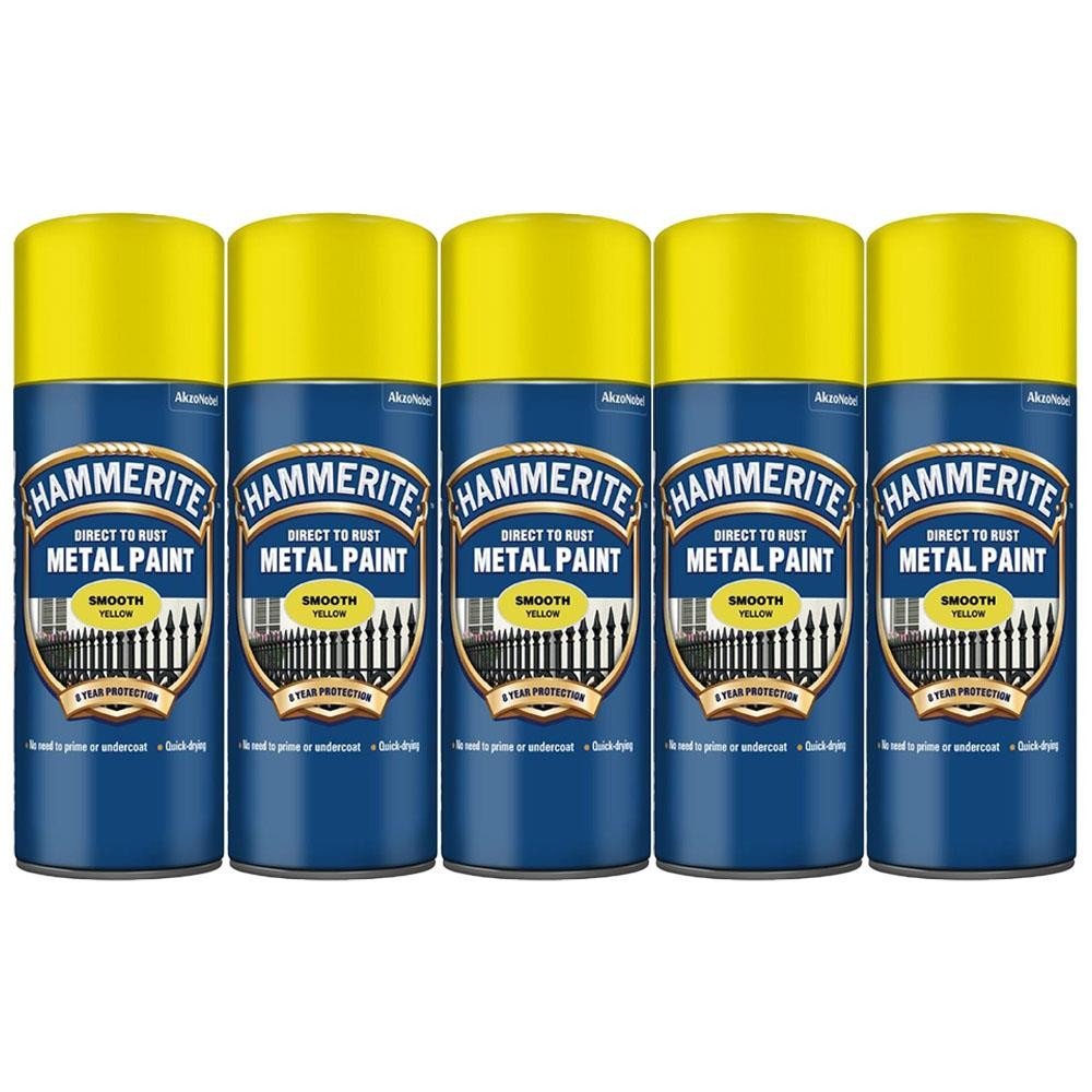 5 x Hammerite Smooth Direct to Rust Aerosol Metal Paint – Smooth Yellow 400ml