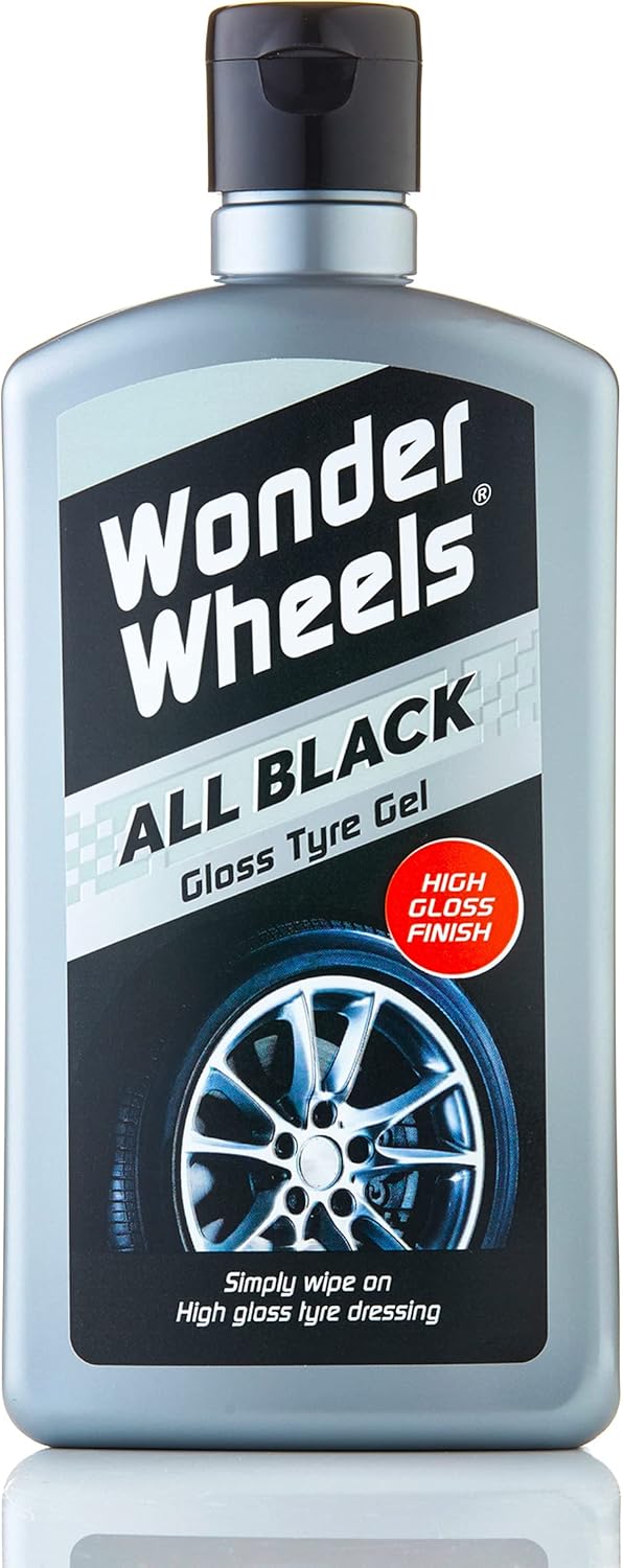 Bottle of Wonder Wheels All Black Gloss Tyre Gel on a white background