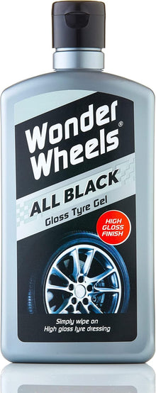 Bottle of Wonder Wheels All Black Gloss Tyre Gel on a white background