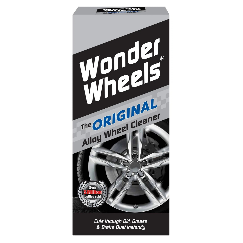 Box of Wonder Wheels alloy wheel cleaner with a silver wheel on a white background