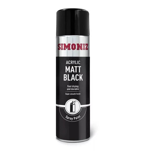 “Simoniz Matt Black Acrylic Spray Paint 500ml smooth finish aerosol can”