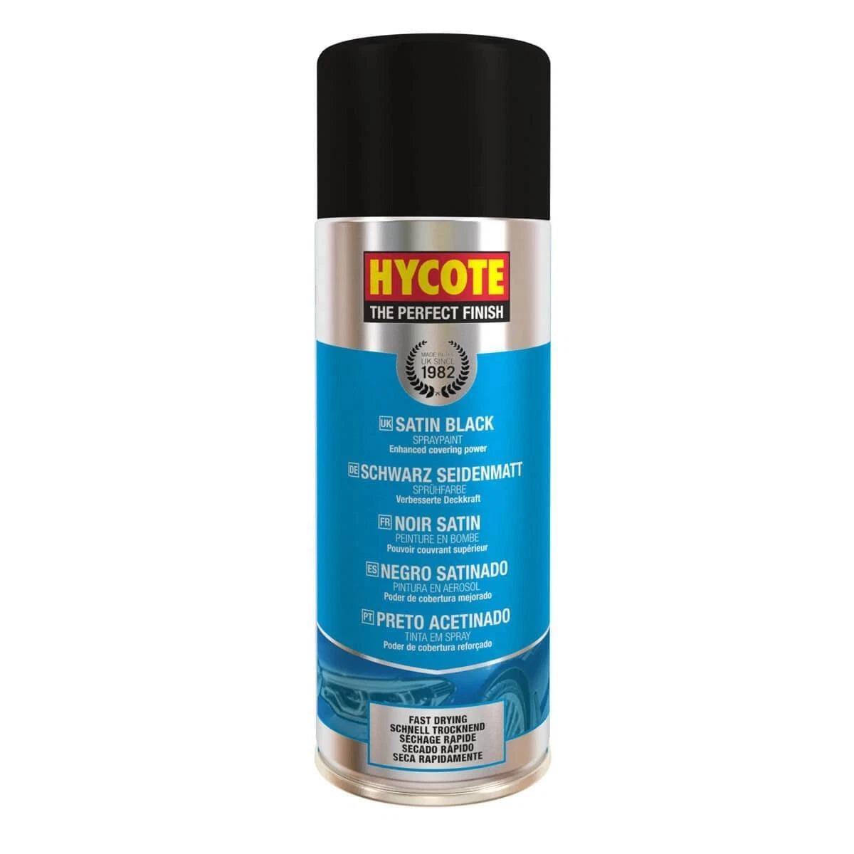 “Hycote Satin Black Multi‑Purpose 400ml fast‑drying aerosol spray paint can”